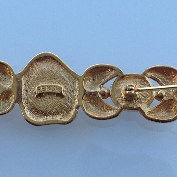 Fendi Brooch Victorian Revival Bar Rhodium Gold Intaglio Logo + Onyx Cabochons - Picture 5 of 16